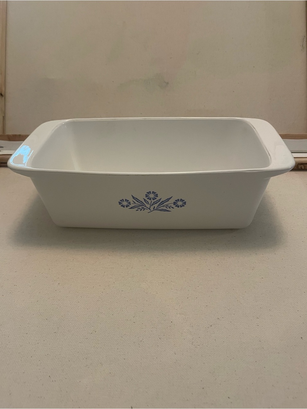Corning Wear White Ceramic Bread Baking Dish with Blue corn flower Accent Vtg
